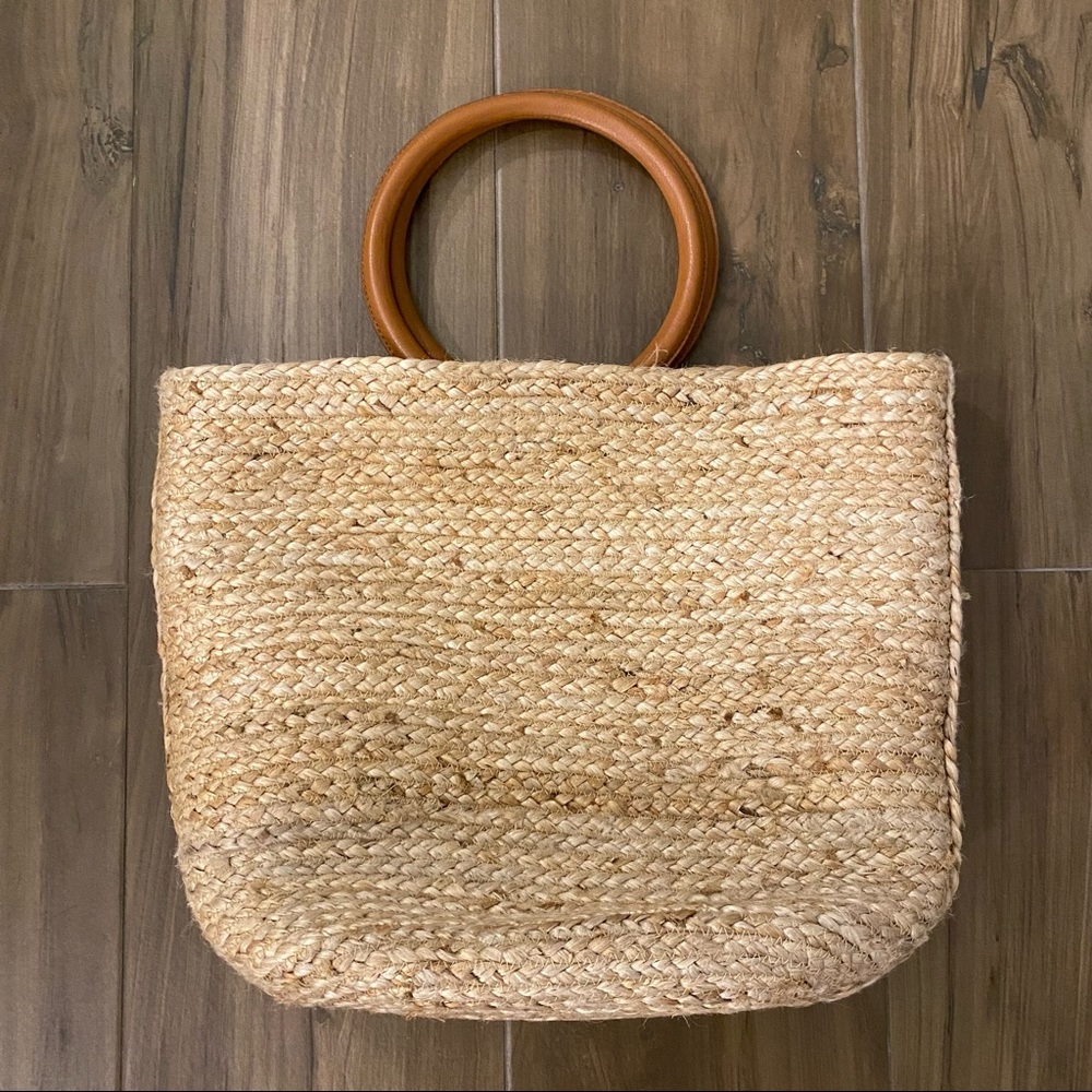 J. Jill Natural Woven Straw Tote with Brown Wood Circle Handles